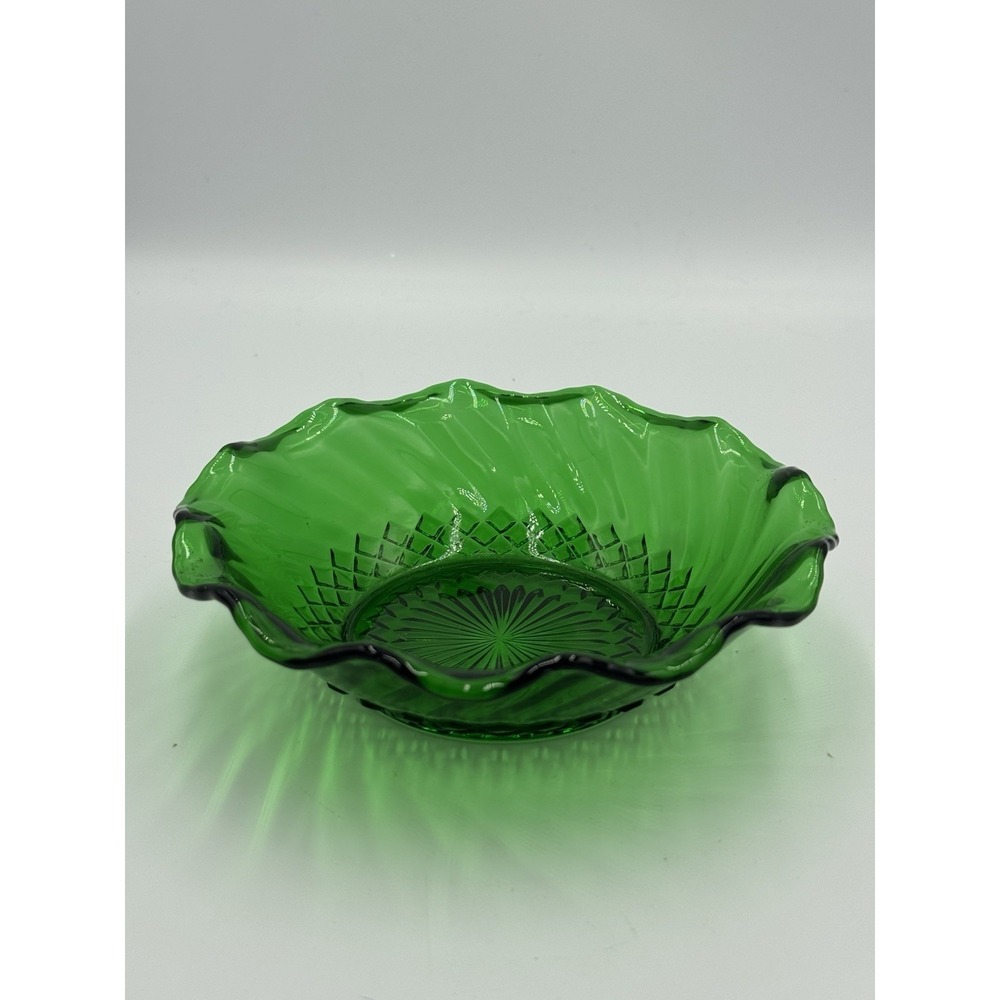Vintage Anchor Hocking Forest Green Glass Bowl in Diamond Swirl Pattern